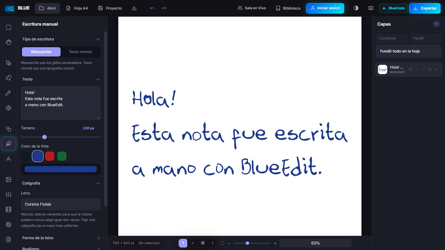 BlueEdit con una nota escrita a mano sobre una hoja A4, herramientas a la izquierda y capas a la derecha